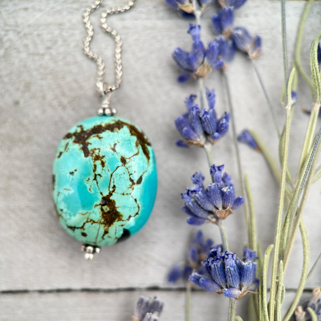 Large Turquoise Pendant on a Sterling Silver Chain - SunlightSilver