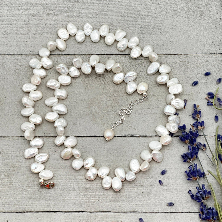 White Keshi Pearl and Sterling Silver Necklace. Thick Cornflake Pearls - SunlightSilver