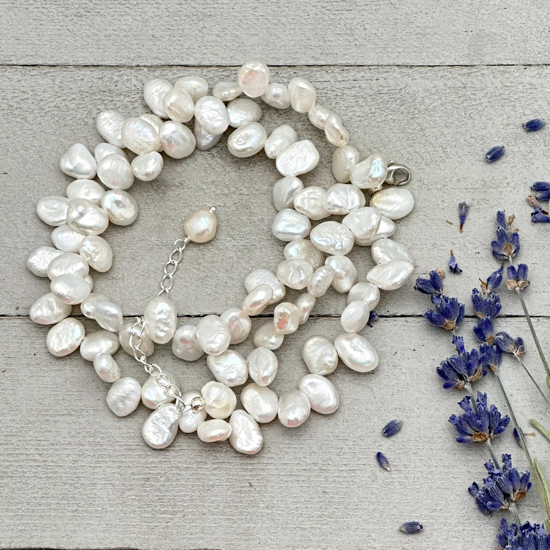 White Keshi Pearl and Sterling Silver Necklace. Thick Cornflake Pearls - SunlightSilver