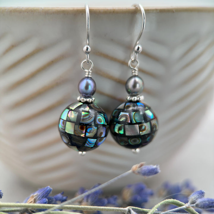 Mosaic Paua Abalone Shell, Freshwater Pearl, and Sterling Silver Earrings. Mirrorball - SunlightSilver