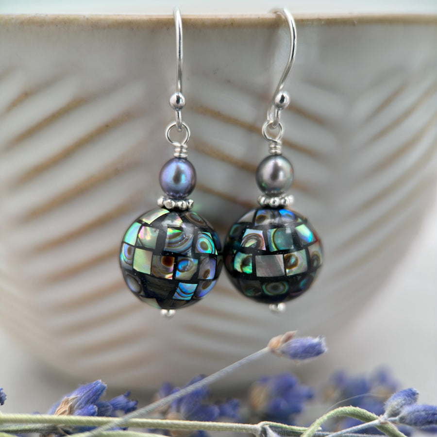 Mosaic Paua Abalone Shell, Freshwater Pearl, and Sterling Silver Earrings. Mirrorball - SunlightSilver