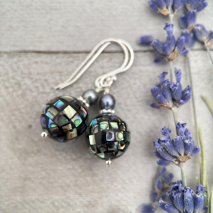 Mosaic Paua Abalone Shell, Freshwater Pearl, and Sterling Silver Earrings. Mirrorball - SunlightSilver