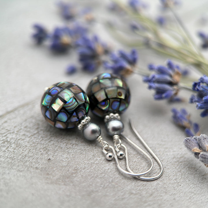 Mosaic Paua Abalone Shell, Freshwater Pearl, and Sterling Silver Earrings. Mirrorball - SunlightSilver