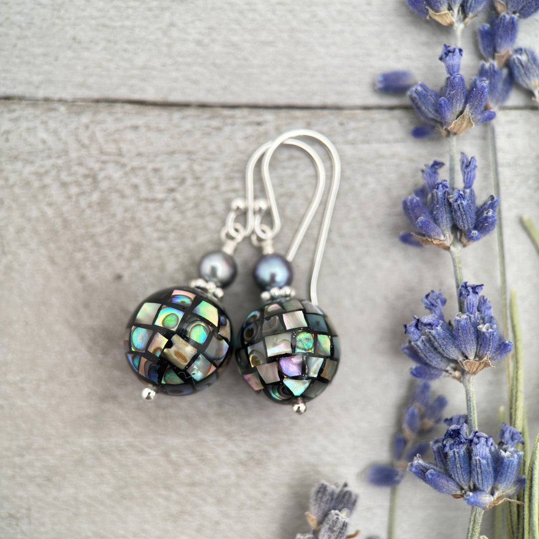 Mosaic Paua Abalone Shell, Freshwater Pearl, and Sterling Silver Earrings. Mirrorball - SunlightSilver