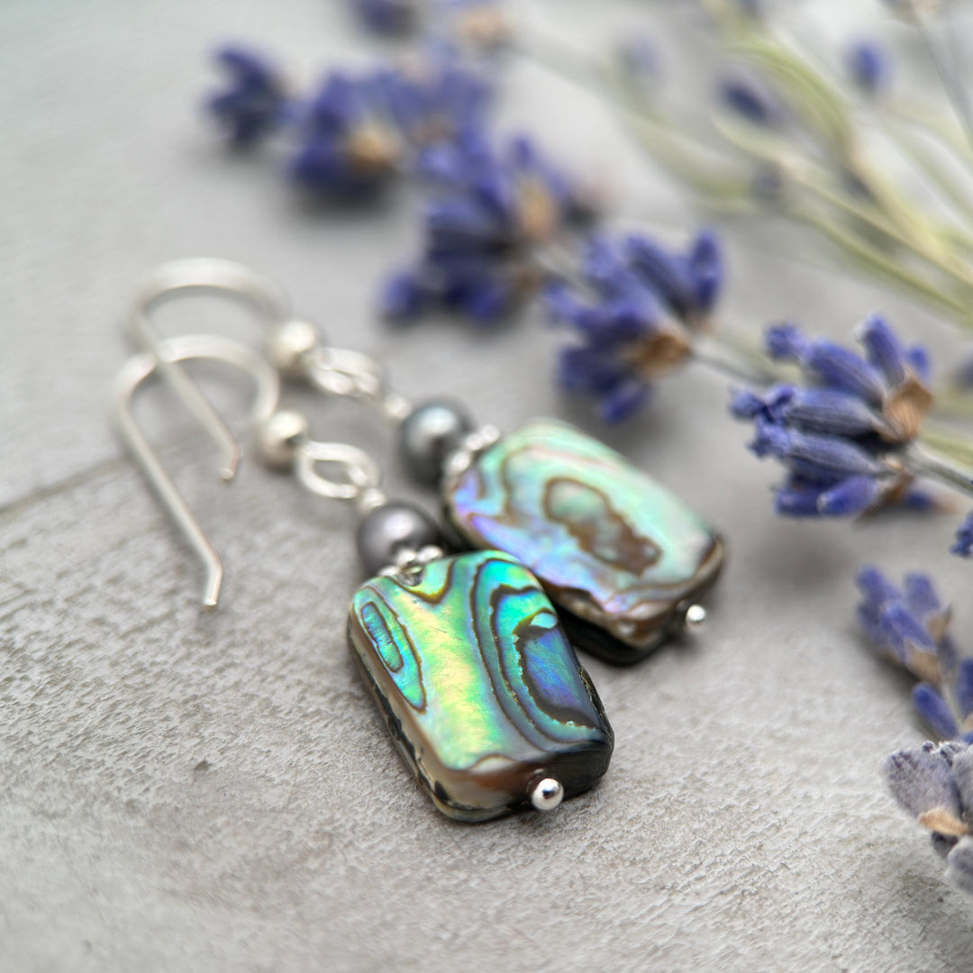 Paua Abalone Shell, Freshwater Pearl, and Sterling Silver Earrings - SunlightSilver