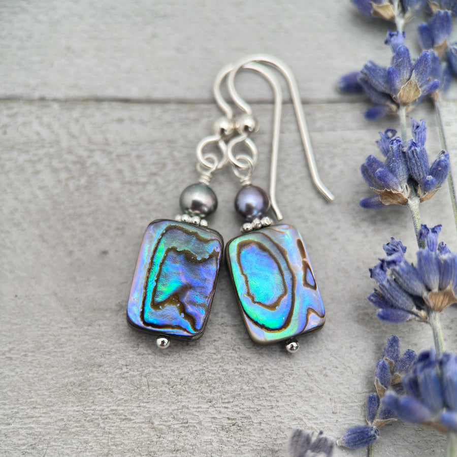 Paua Abalone Shell, Freshwater Pearl, and Sterling Silver Earrings - SunlightSilver