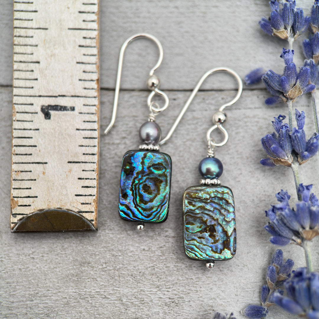 Paua Abalone Shell, Freshwater Pearl, and Sterling Silver Earrings - SunlightSilver