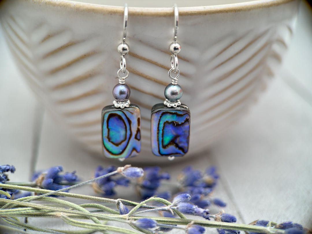 Paua Abalone Shell, Freshwater Pearl, and Sterling Silver Earrings - SunlightSilver