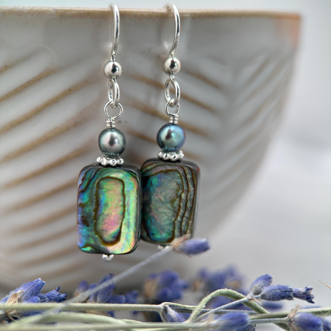 Paua Abalone Shell, Freshwater Pearl, and Sterling Silver Earrings - SunlightSilver