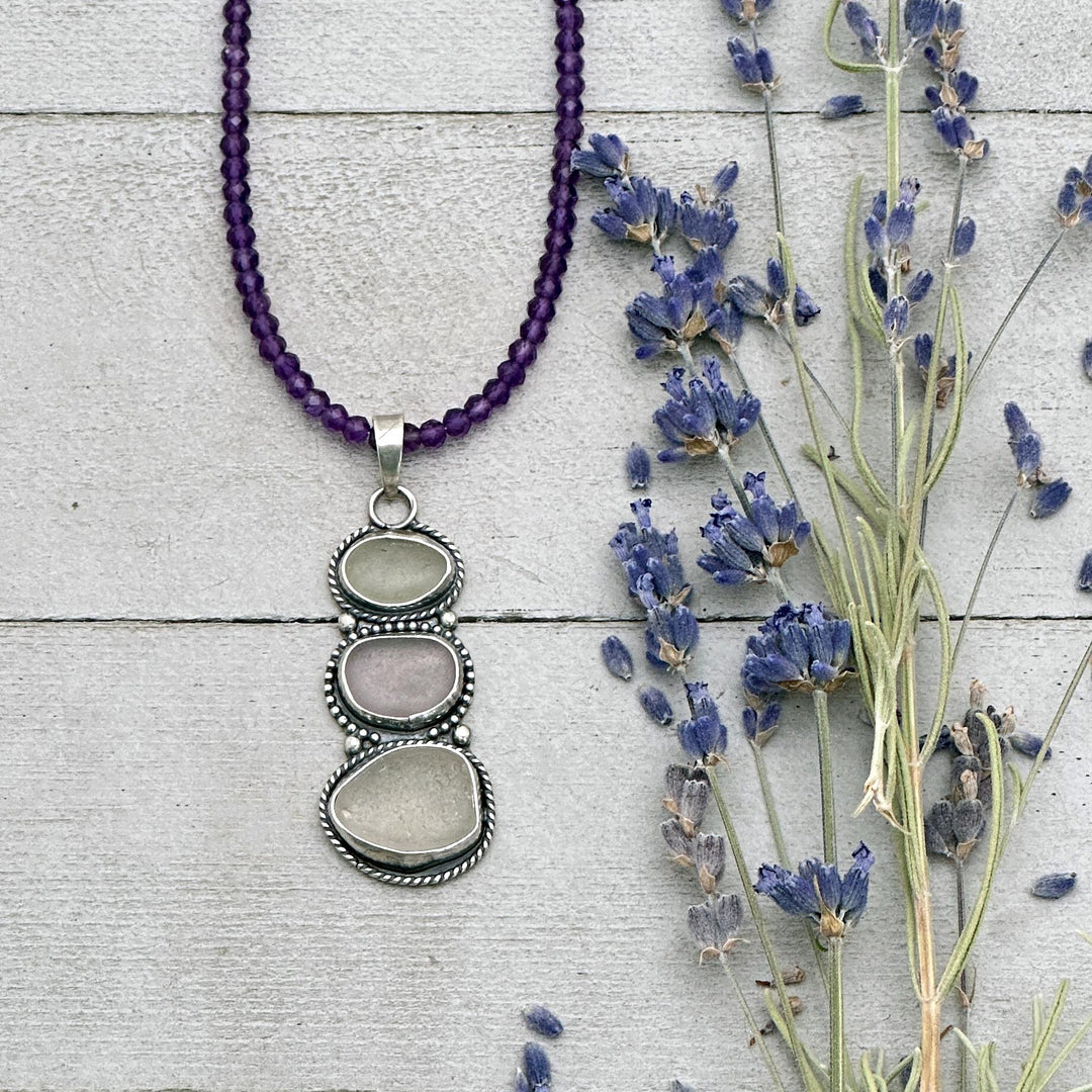 Genuine Sea Glass and Sterling Silver Pendant, Lavender and White Sea Glass Stack Totum Pendant - SunlightSilver