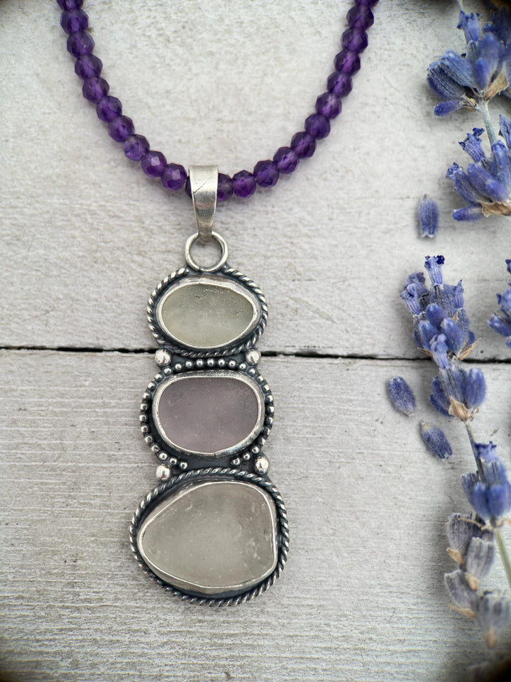 Genuine Sea Glass and Sterling Silver Pendant, Lavender and White Sea Glass Stack Totum Pendant - SunlightSilver