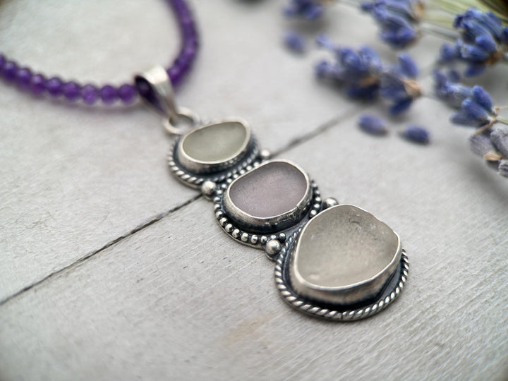 Genuine Sea Glass and Sterling Silver Pendant, Lavender and White Sea Glass Stack Totum Pendant - SunlightSilver