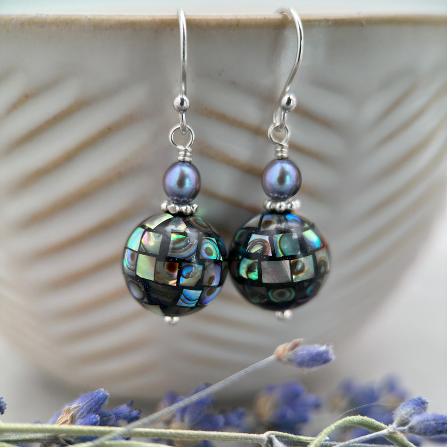 Mosaic Paua Abalone Shell, Freshwater Pearl, and Sterling Silver Earrings - SunlightSilver