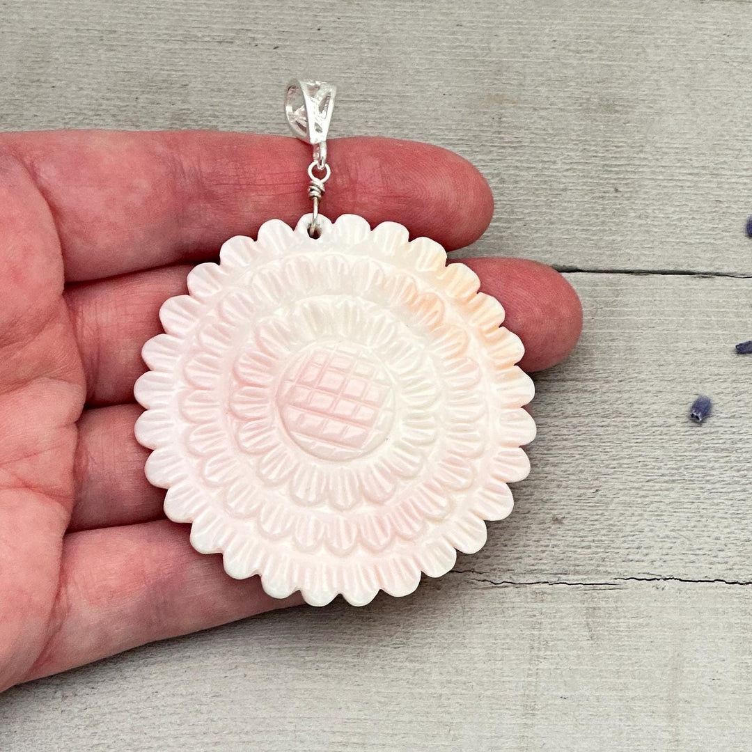 Large Carved Pink Queen Conch Shell Flower and Sterling Silver Pendant - SunlightSilver