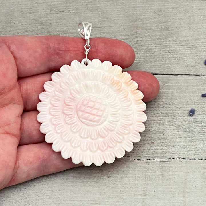 Large Carved Pink Queen Conch Shell Flower and Sterling Silver Pendant - SunlightSilver