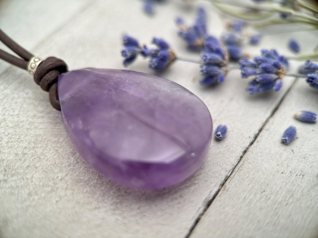 Purple Chevron Amethyst Pendant Leather Necklace - SunlightSilver