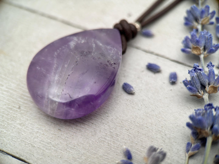 Purple Chevron Amethyst Pendant Leather Necklace - SunlightSilver