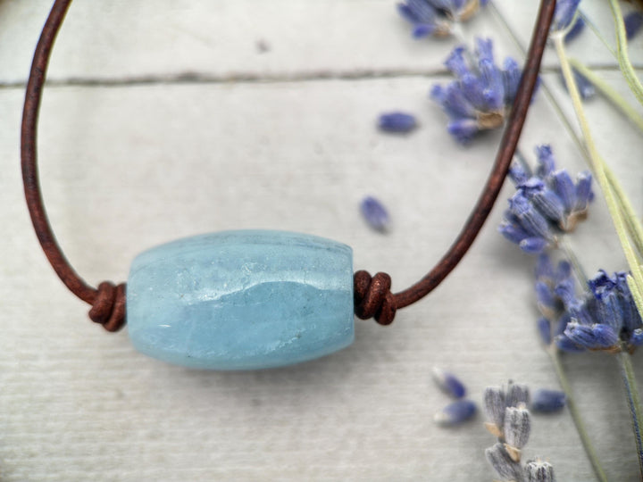 Blue Aquamarine and Rustic Brown Leather Necklace - SunlightSilver