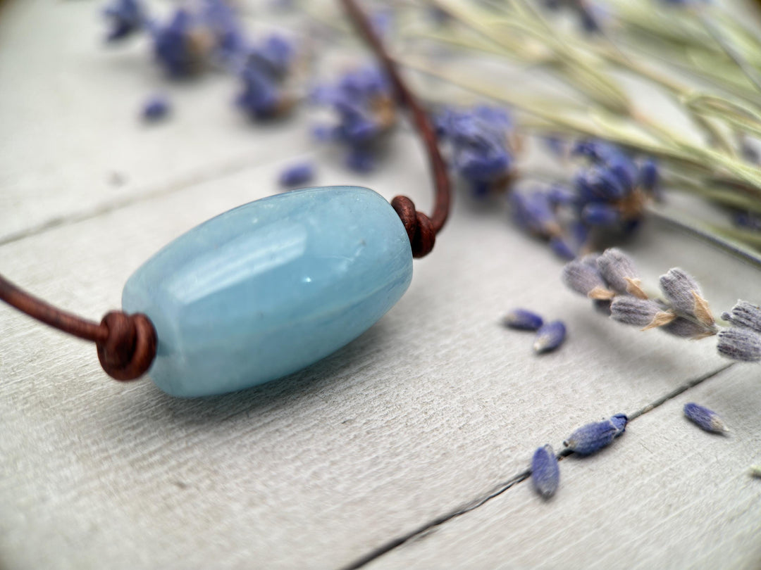 Blue Aquamarine and Rustic Brown Leather Necklace - SunlightSilver