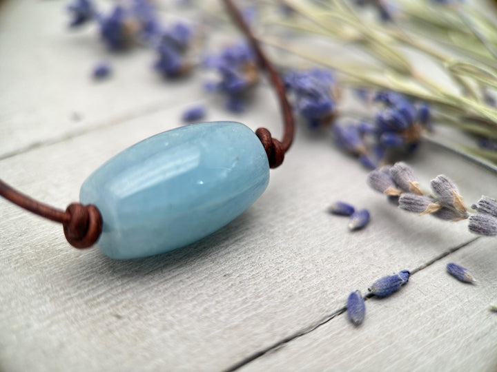 Blue Aquamarine and Rustic Brown Leather Necklace - SunlightSilver