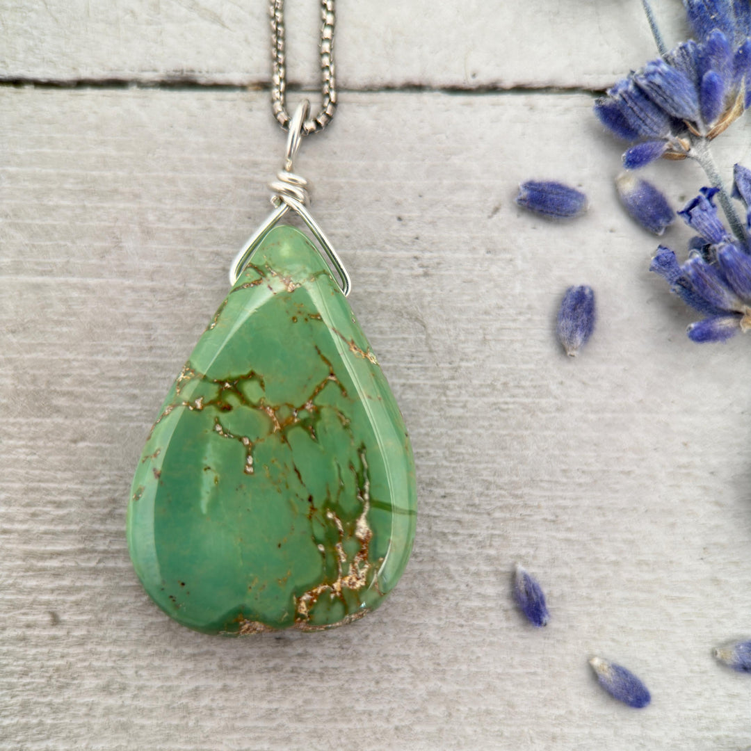 Green Turquoise Mountain Nugget Pendant on a Sterling Silver Chain - SunlightSilver