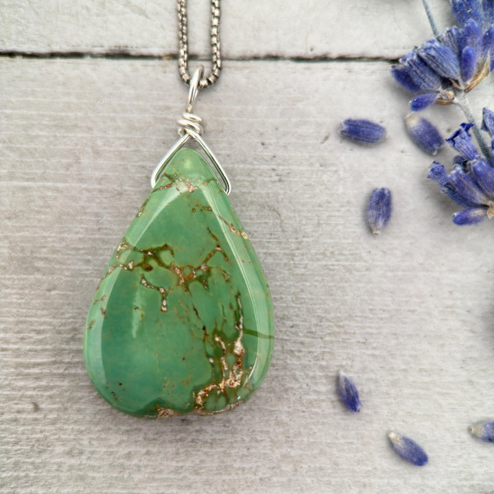 Green Turquoise Mountain Nugget Pendant on a Sterling Silver Chain - SunlightSilver