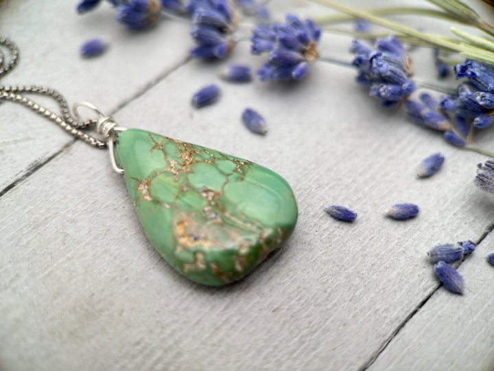 Green Turquoise Mountain Nugget Pendant on a Sterling Silver Chain - SunlightSilver