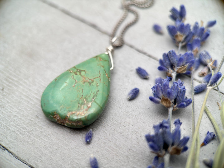 Green Turquoise Mountain Nugget Pendant on a Sterling Silver Chain - SunlightSilver