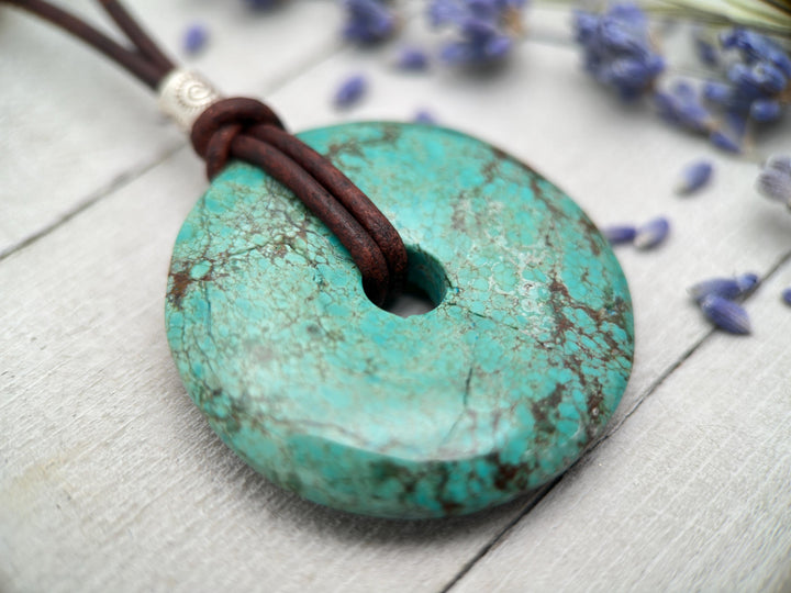 Green Turquoise Donut and Rustic Brown Leather Necklace - SunlightSilver