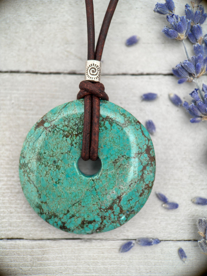 Green Turquoise Donut and Rustic Brown Leather Necklace - SunlightSilver