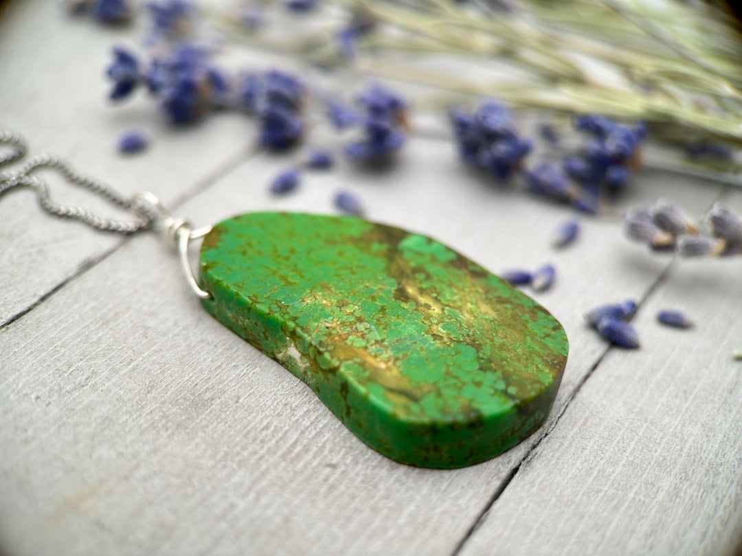 Green Turquoise Pendant on a Sterling Silver Chain - SunlightSilver