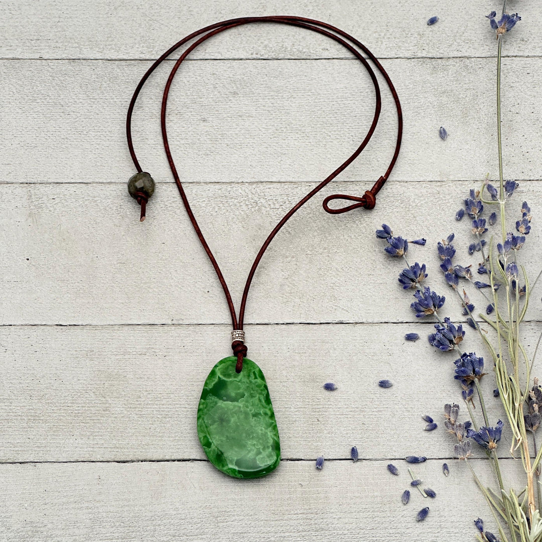 Green Maw Sit Sit Jadeite, Sterling Silver and Rustic Brown Leather Necklace. - SunlightSilver