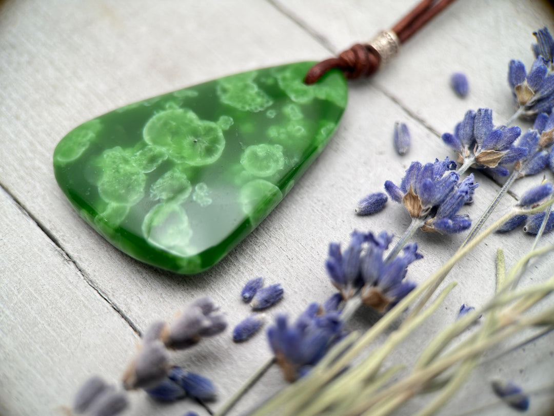 Green Maw Sit Sit Jadeite, Sterling Silver and Rustic Brown Leather Necklace. - SunlightSilver