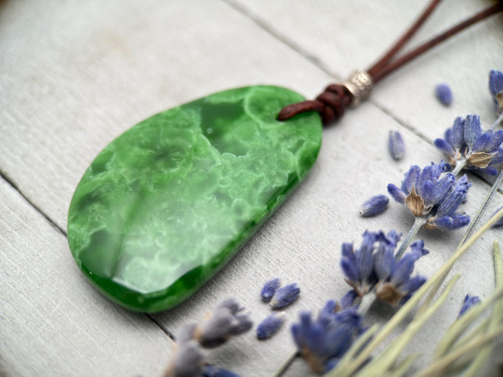 Green Maw Sit Sit Jadeite, Sterling Silver and Rustic Brown Leather Necklace. - SunlightSilver