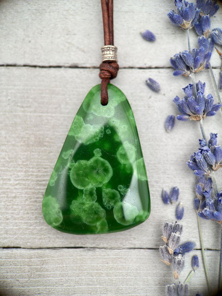 Green Maw Sit Sit Jadeite, Sterling Silver and Rustic Brown Leather Necklace. - SunlightSilver