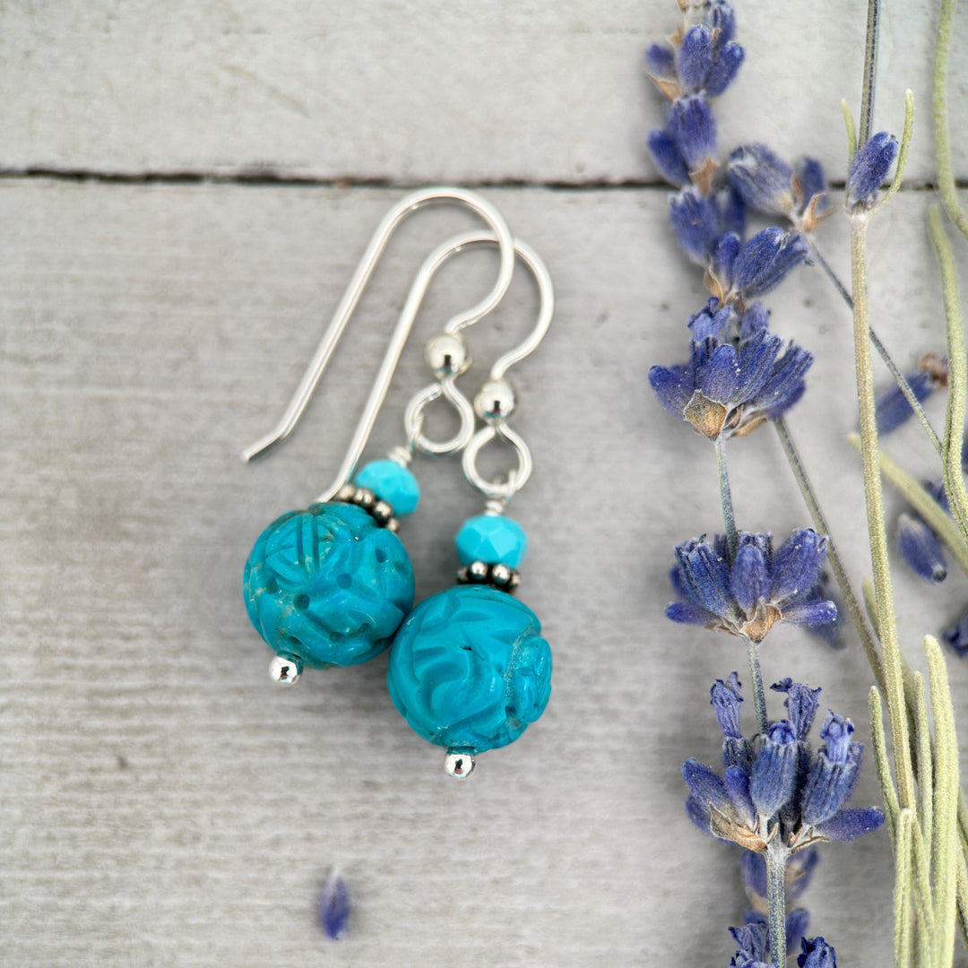 Carved Kingman Turquoise and Sterling Silver Earrings, Chinese Ideogram Shou: 'long life', 'health', 'well-being' - SunlightSilver