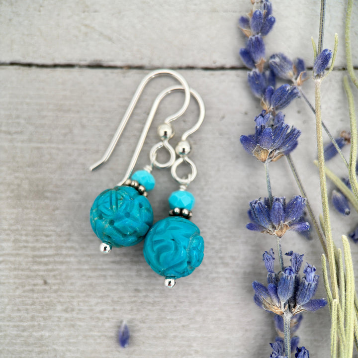 Carved Kingman Turquoise and Sterling Silver Earrings, Chinese Ideogram Shou: 'long life', 'health', 'well-being' - SunlightSilver