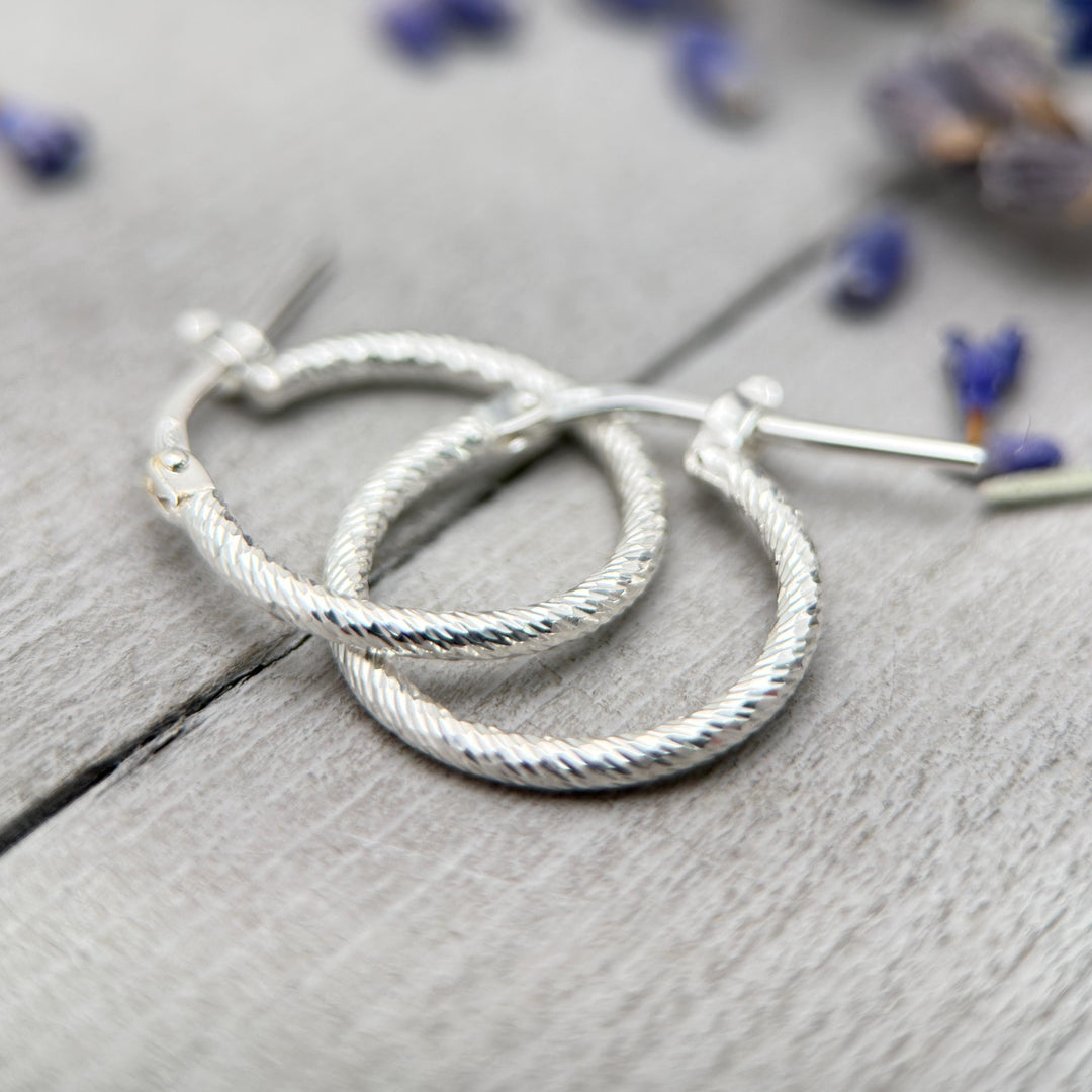 Diamond Cut Sterling Silver Huggie Hoops • Sparkly Small Hoop Earrings • 925 Silver Hinged Hoops • Everyday Minimal Jewelry - SunlightSilver