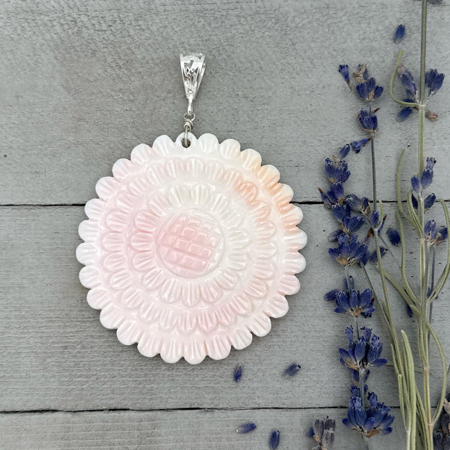 Large Carved Pink Queen Conch Shell Flower and Sterling Silver Pendant - SunlightSilver