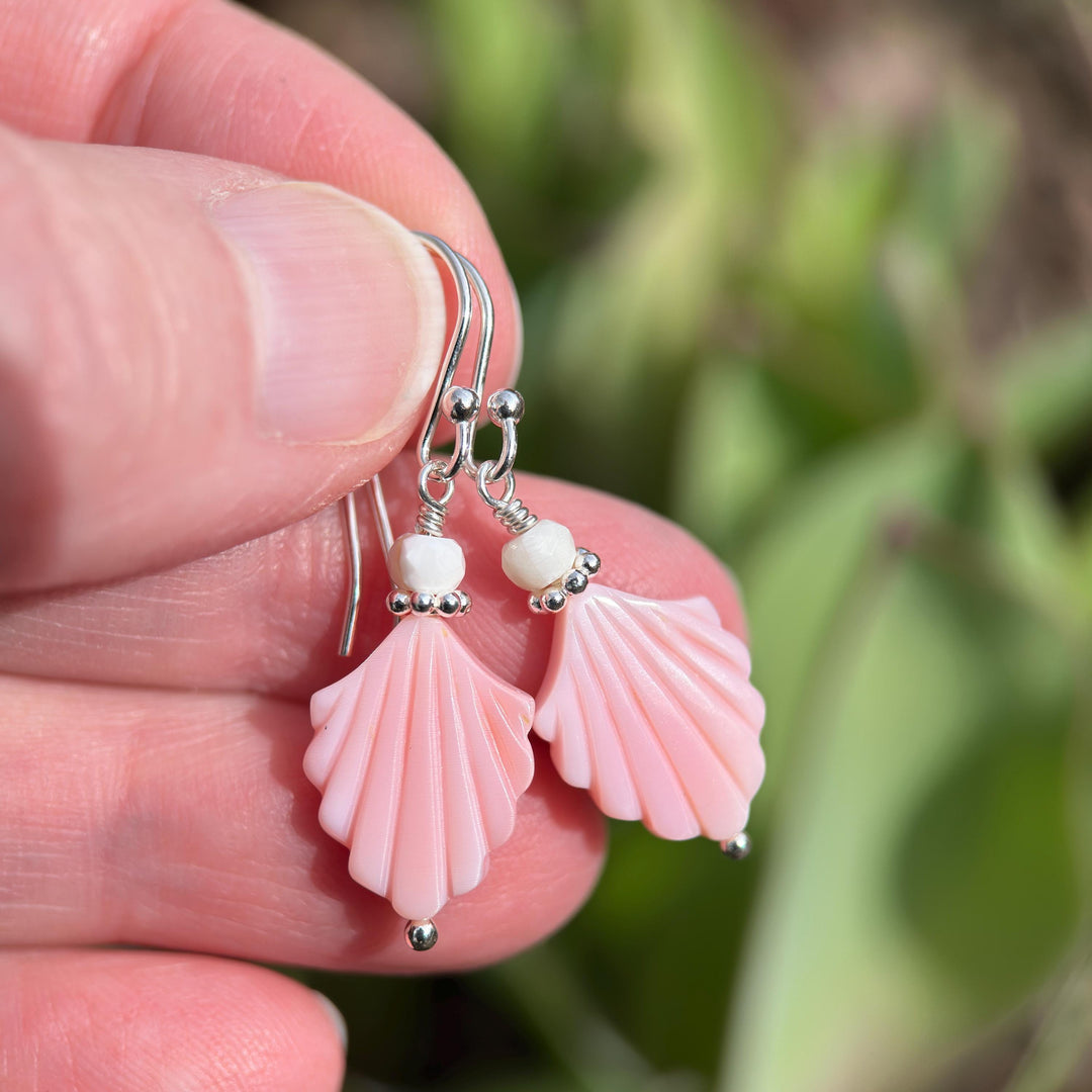 Handmade Conch Shell Earrings | Pink Fan Earrings with Sterling Silver | Boho Coastal Artisan Jewelry - SunlightSilver