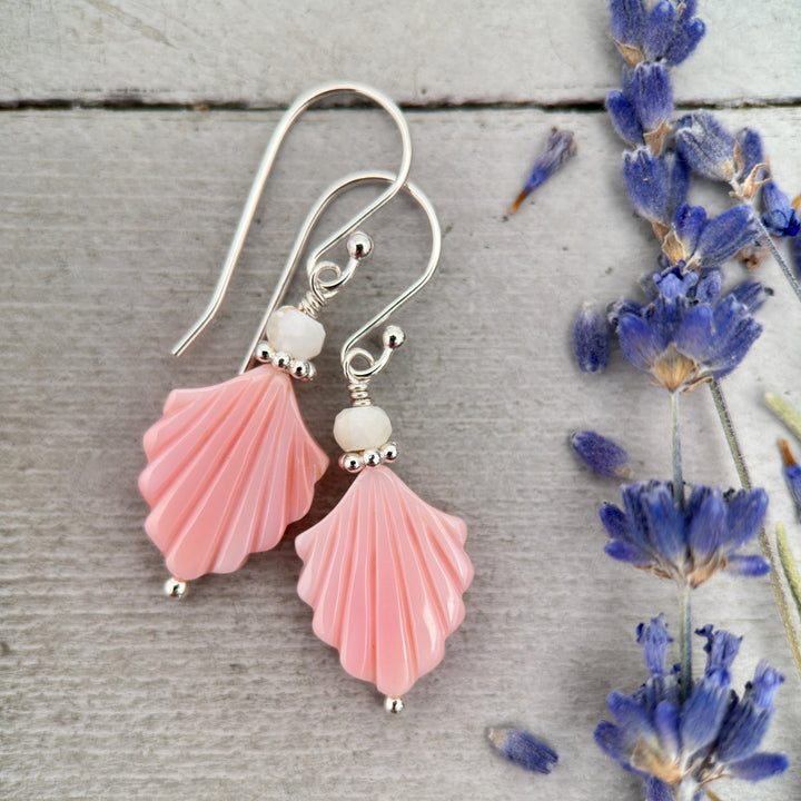 Handmade Conch Shell Earrings | Pink Fan Earrings with Sterling Silver | Boho Coastal Artisan Jewelry - SunlightSilver