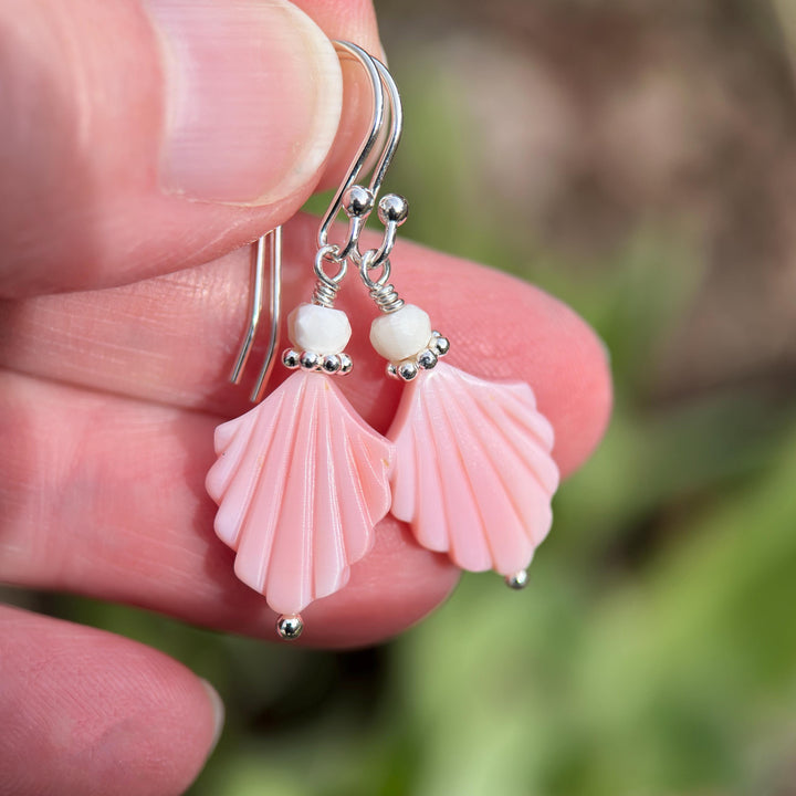 Handmade Conch Shell Earrings | Pink Fan Earrings with Sterling Silver | Boho Coastal Artisan Jewelry - SunlightSilver