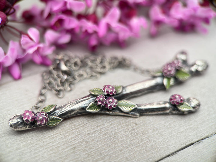 Silver Blooming Branch Pendant Necklace of .999 Fine Silver on a Sterling Silver Chain - SunlightSilver