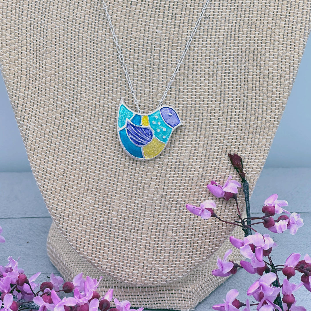 Colorful Bird Pendant Necklace of .999 Fine Silver on a Sterling Silver Chain - SunlightSilver