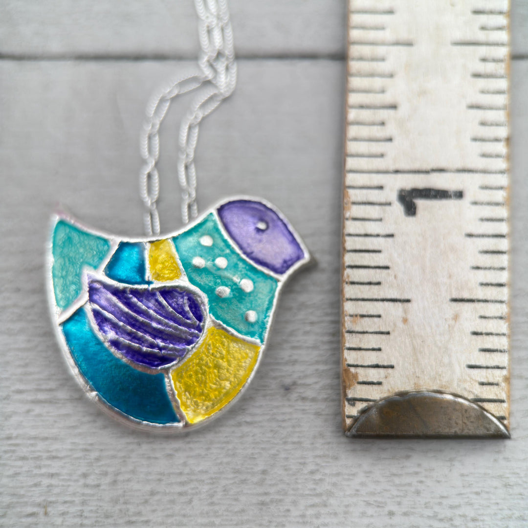 Colorful Bird Pendant Necklace of .999 Fine Silver on a Sterling Silver Chain - SunlightSilver