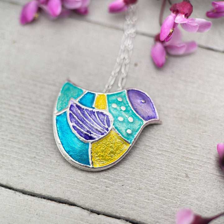 Colorful Bird Pendant Necklace of .999 Fine Silver on a Sterling Silver Chain - SunlightSilver