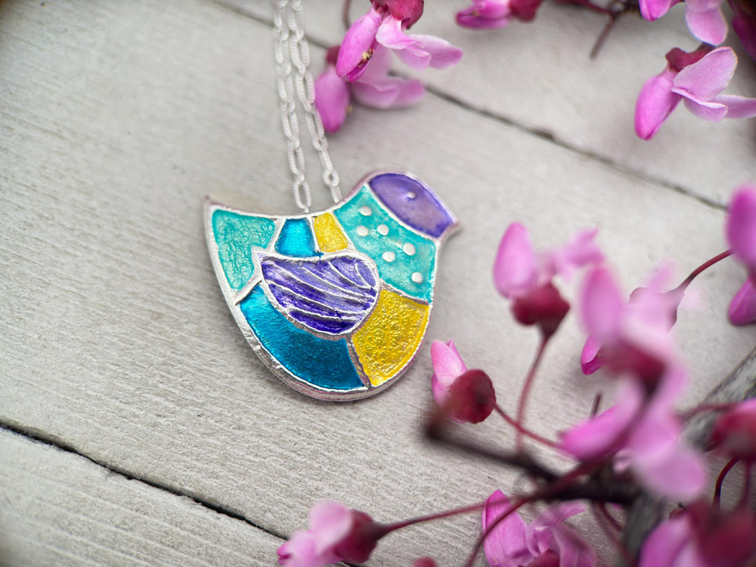 Colorful Bird Pendant Necklace of .999 Fine Silver on a Sterling Silver Chain - SunlightSilver