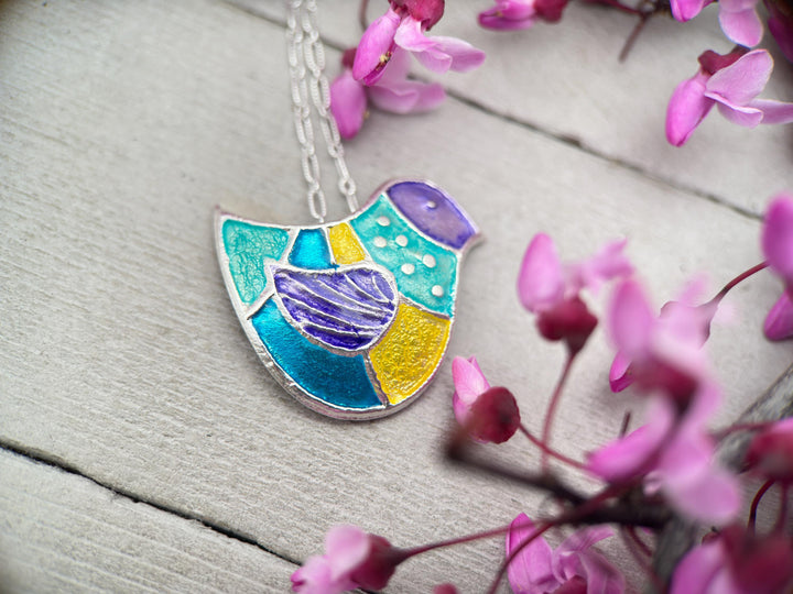 Colorful Bird Pendant Necklace of .999 Fine Silver on a Sterling Silver Chain - SunlightSilver