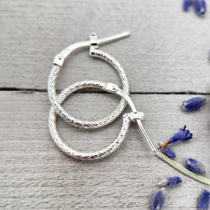 Diamond Cut Sterling Silver Huggie Hoops • Sparkly Small Hoop Earrings • 925 Silver Hinged Hoops • Everyday Minimal Jewelry - SunlightSilver