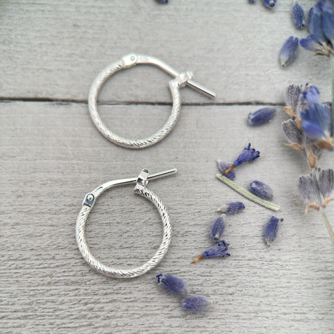 Diamond Cut Sterling Silver Huggie Hoops • Sparkly Small Hoop Earrings • 925 Silver Hinged Hoops • Everyday Minimal Jewelry - SunlightSilver